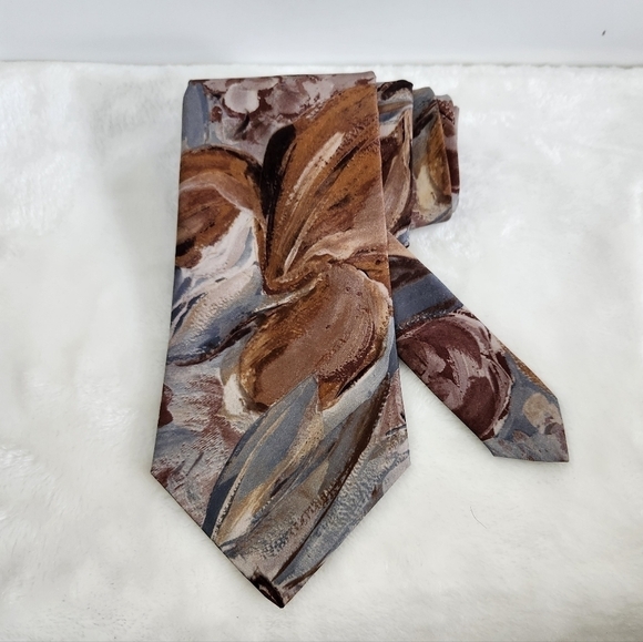 Adams Row Swirls Floral Flower Teal Blue Tan Brown Burgundy Necktie - Picture 1 of 11